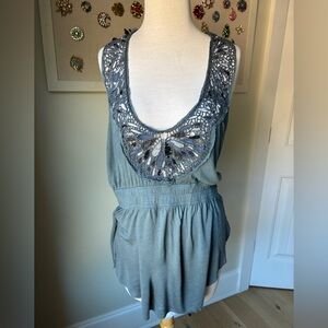 Free People Halter V-Neck Camo Green with Embellishments Tie Neck Boho Festival